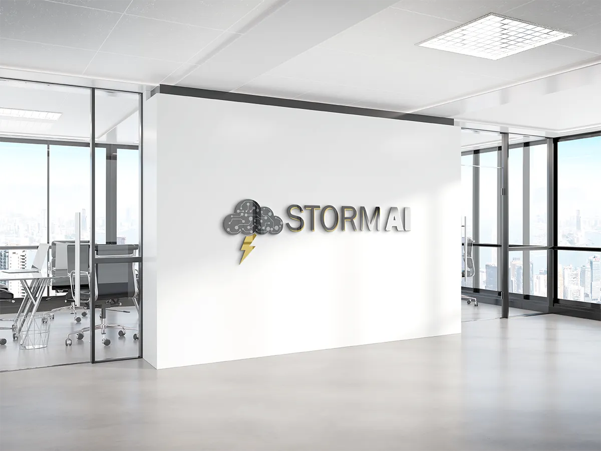 Modern office reception with "STORMAI" logo and large windows.